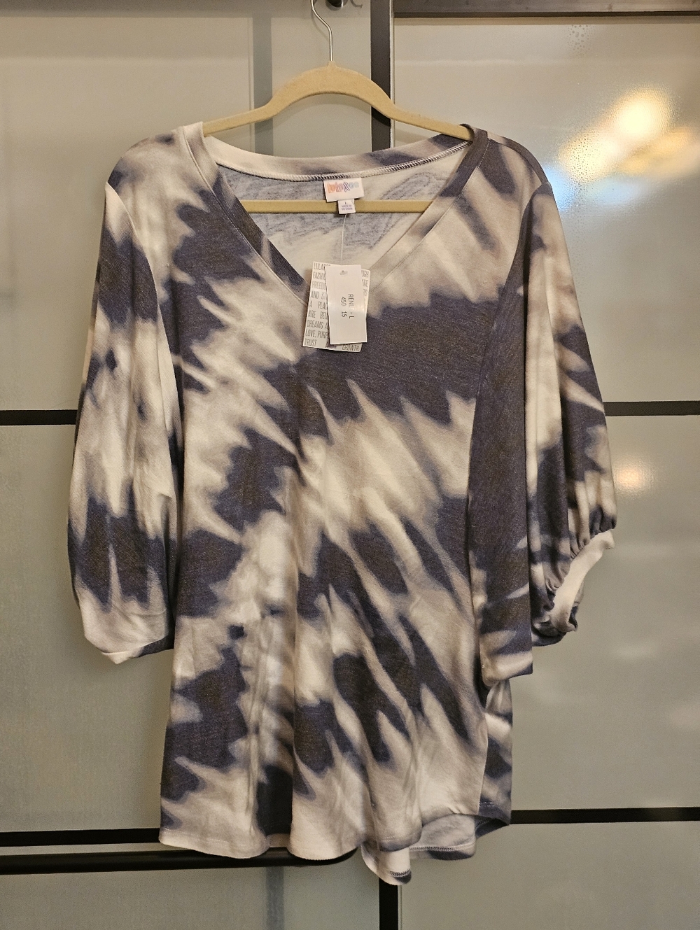 LuLaRoe Renee V-Neck Mid- Sleeve Top - Tie Dye Blue & White